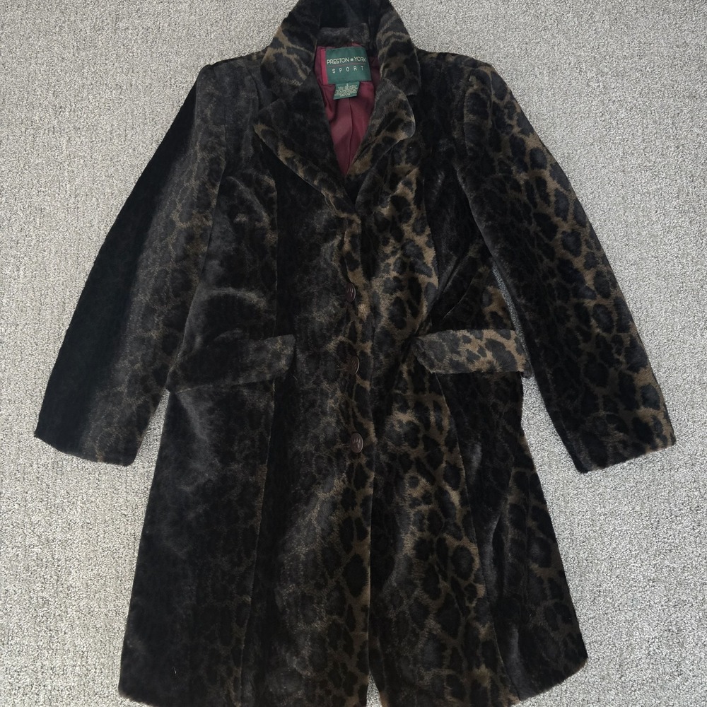 Preston Yorke Faux Fur Leopard Print Coat Brown Vintage Womens S Mobwife Glam